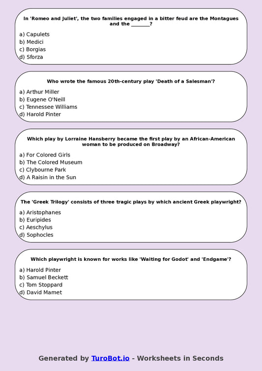 Year 8 Drama Multiple Choice Worksheet – Famous Plays and Playwrights
