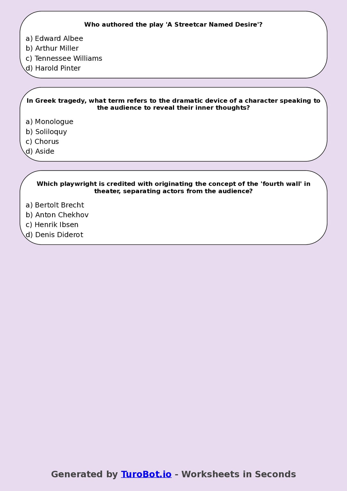 Year 8 Drama Multiple Choice Worksheet – Famous Plays and Playwrights