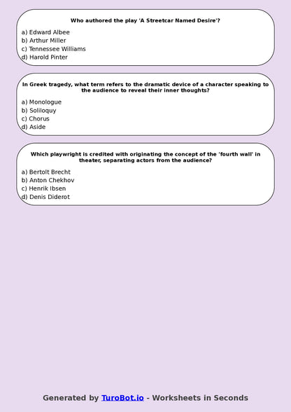 Year 8 Drama Multiple Choice Worksheet – Famous Plays and Playwrights