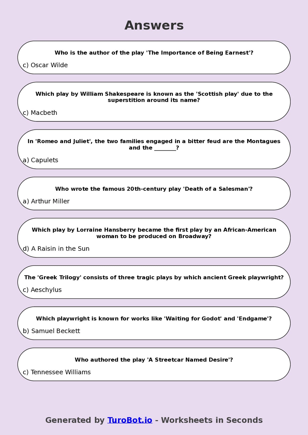 Year 8 Drama Multiple Choice Worksheet – Famous Plays and Playwrights