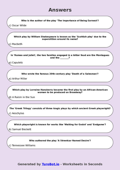 Year 8 Drama Multiple Choice Worksheet – Famous Plays and Playwrights