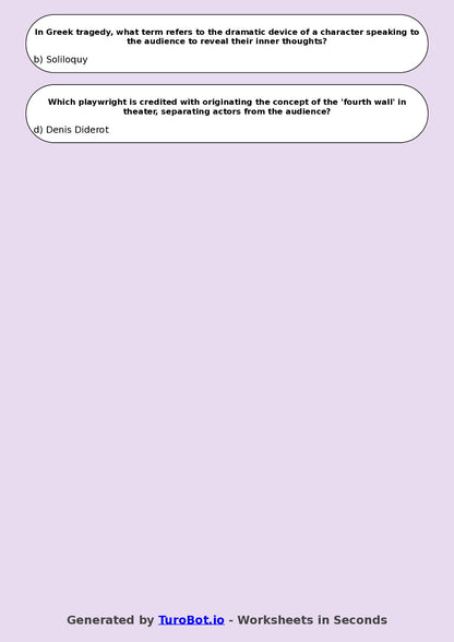 Year 8 Drama Multiple Choice Worksheet – Famous Plays and Playwrights