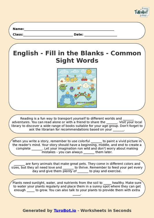 Year 2 English Fill in the Blanks Worksheet – Common Sight Words