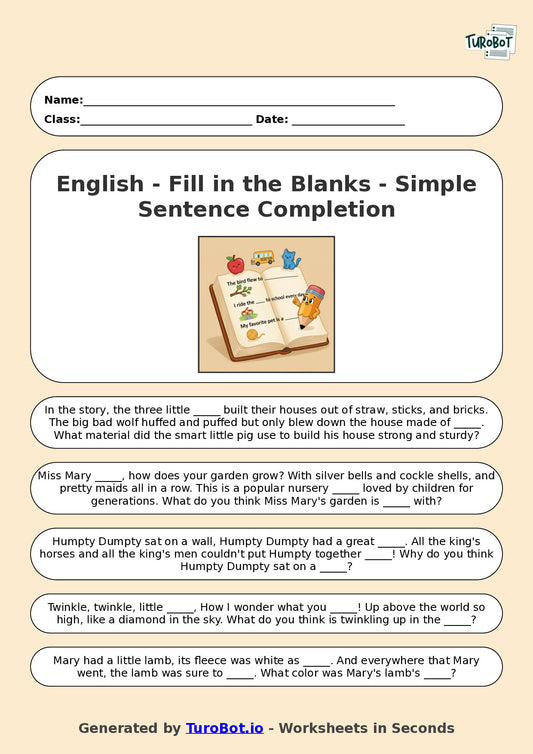 Year 2 English Fill in the Blanks Worksheet – Simple Sentence Completion