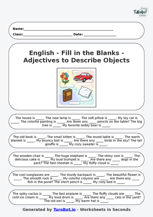 Year 3 English Fill in the Blanks Worksheet – Adjectives to Describe Objects