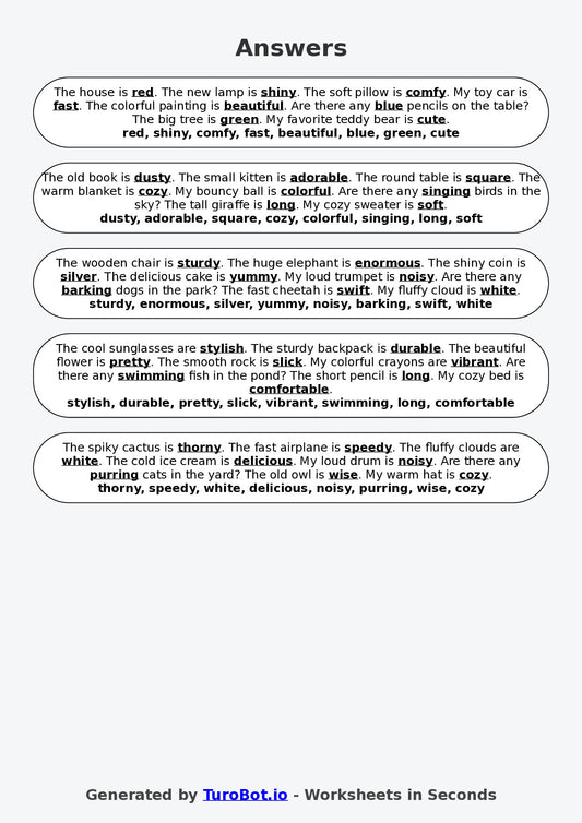 Year 3 English Fill in the Blanks Worksheet – Adjectives to Describe Objects