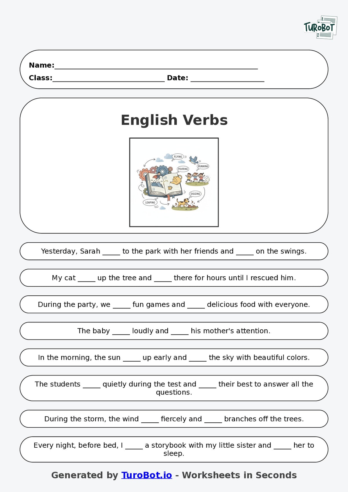 Year 3 English Fill in the Blanks Worksheet – Verbs in Sentences
