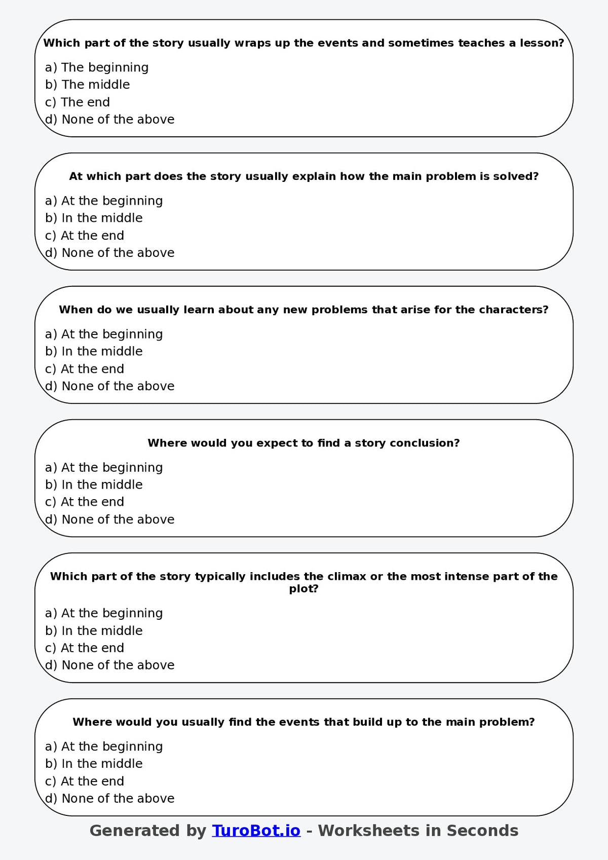 Year 3 English Multiple Choice Worksheet – Identifying Beginning Middle and End