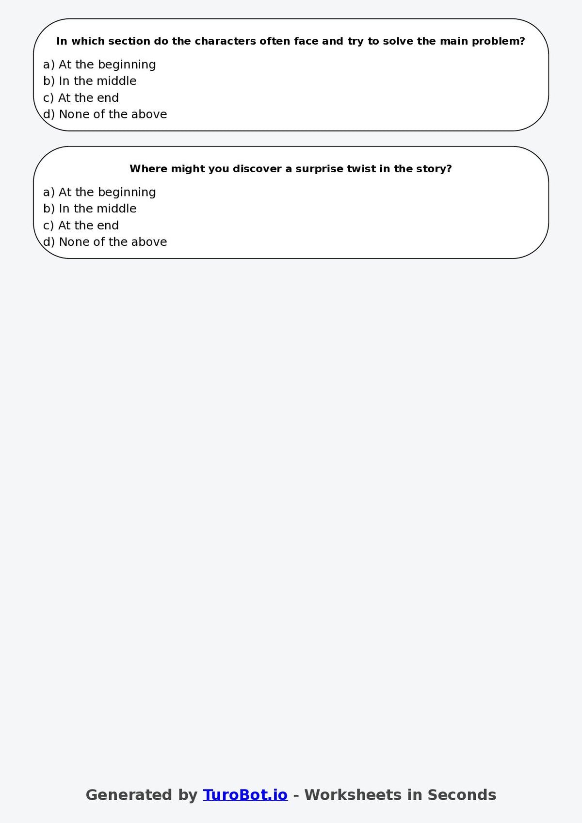 Year 3 English Multiple Choice Worksheet – Identifying Beginning Middle and End