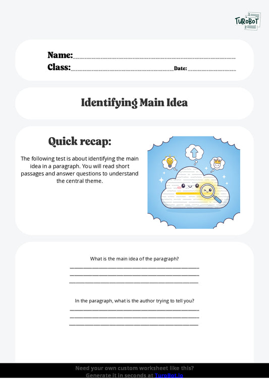 Free Worksheet - Year 3 English Identifying Main Idea in a Paragraph Short Answer Response