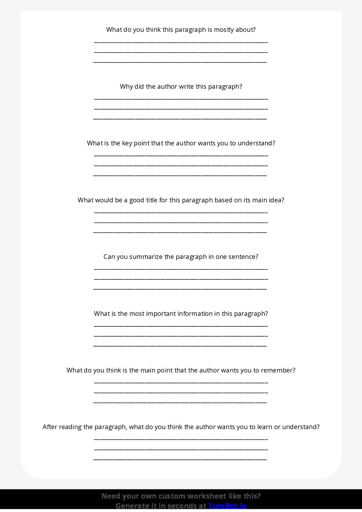 Free Worksheet - Year 3 English Identifying Main Idea in a Paragraph Short Answer Response