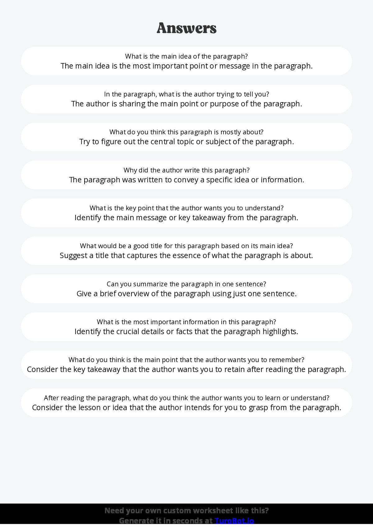 Free Worksheet - Year 3 English Identifying Main Idea in a Paragraph Short Answer Response