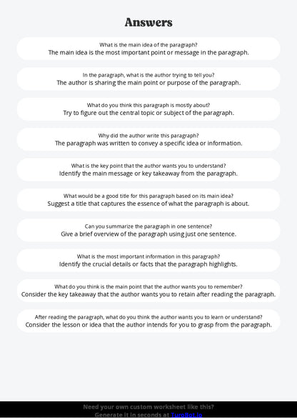 Free Worksheet - Year 3 English Identifying Main Idea in a Paragraph Short Answer Response