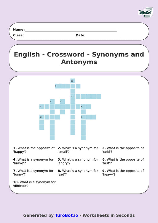 Year 4 English Crossword Worksheet – Synonyms and Antonyms