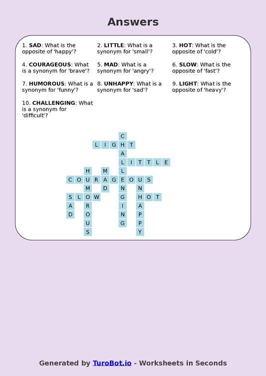 Year 4 English Crossword Worksheet – Synonyms and Antonyms