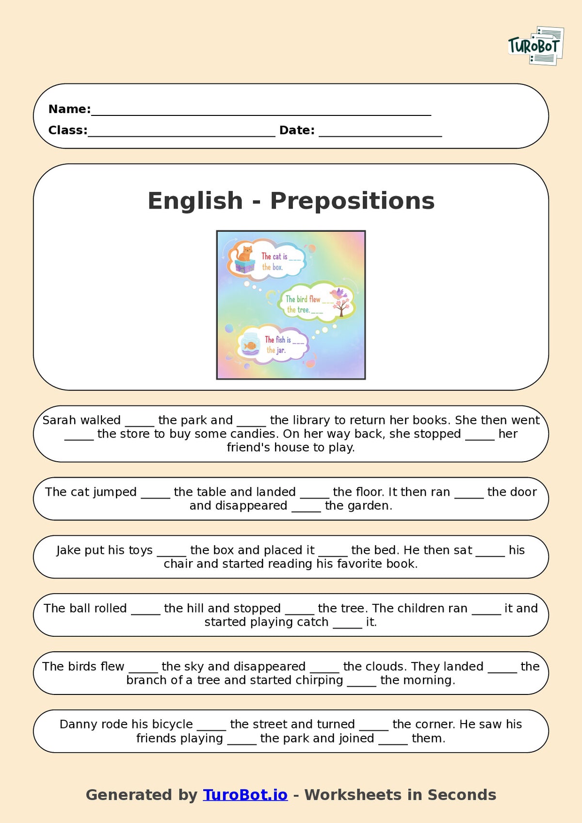 Year 4 English Fill in the Blanks Worksheet – Using Prepositions
