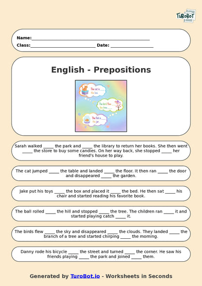 Year 4 English Fill in the Blanks Worksheet – Using Prepositions