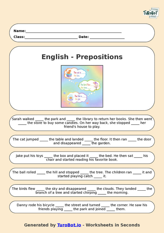 Year 4 English Fill in the Blanks Worksheet – Using Prepositions