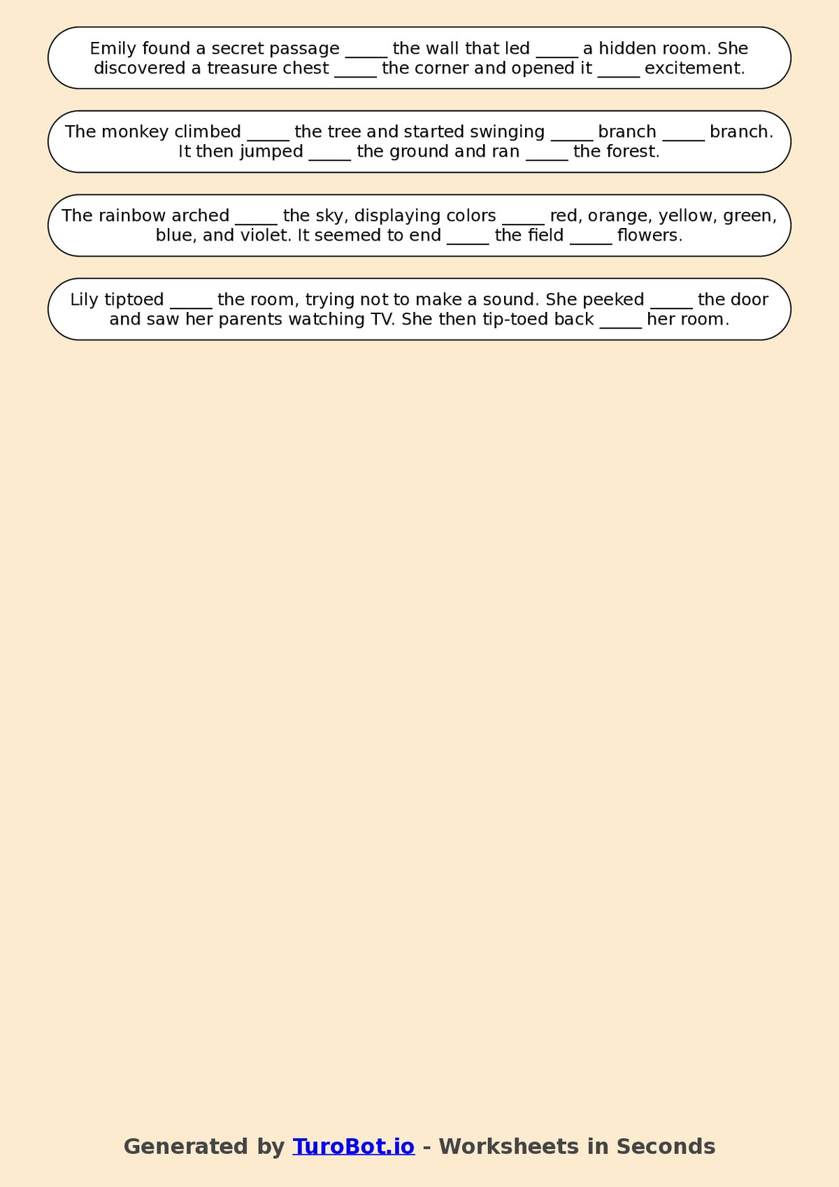 Year 4 English Fill in the Blanks Worksheet – Using Prepositions