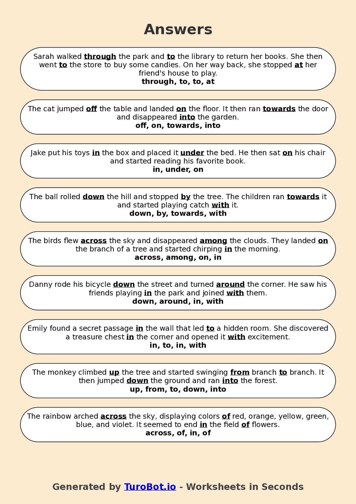 Year 4 English Fill in the Blanks Worksheet – Using Prepositions