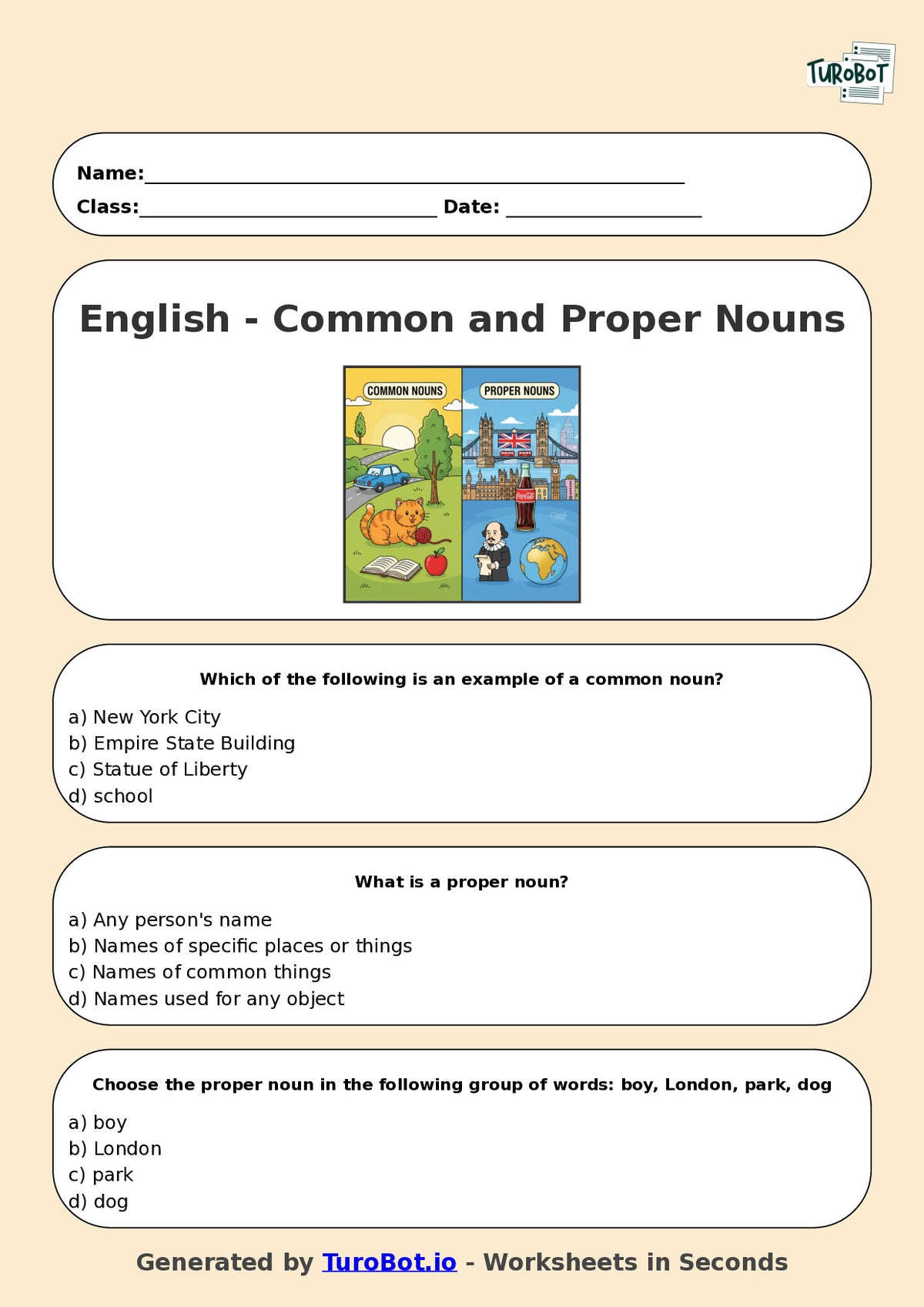 Year 4 English Multiple Choice Worksheet – Common and Proper Nouns
