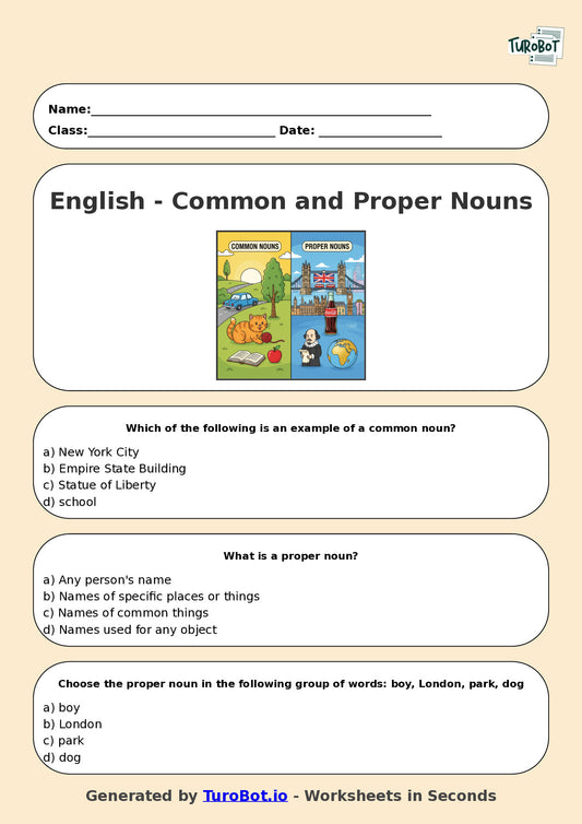 Year 4 English Multiple Choice Worksheet – Common and Proper Nouns