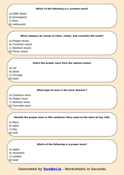 Year 4 English Multiple Choice Worksheet – Common and Proper Nouns