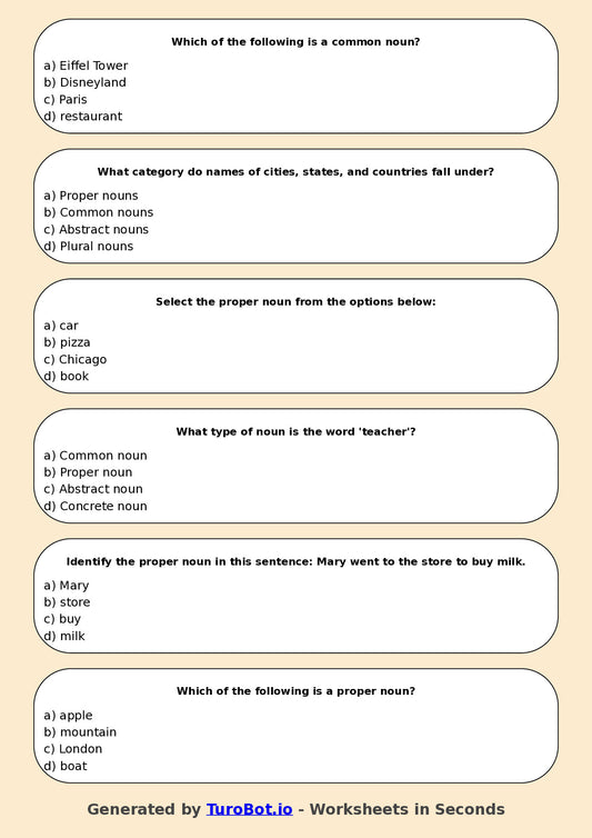 Year 4 English Multiple Choice Worksheet – Common and Proper Nouns