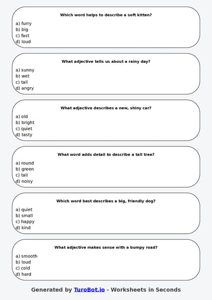 Year 4 English Multiple Choice Worksheet – Using Adjectives to Add Detail