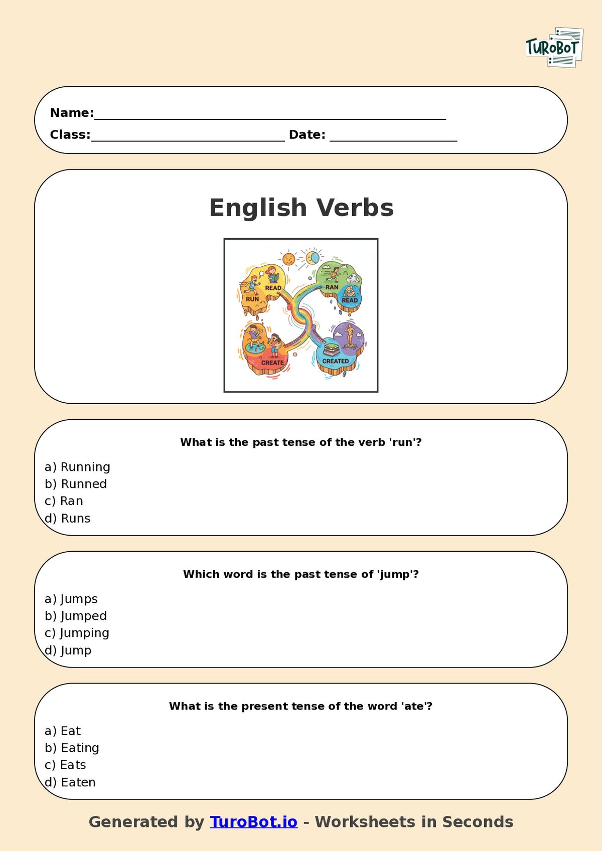 Year 4 English Multiple Choice Worksheet – Verbs in Present and Past Tense