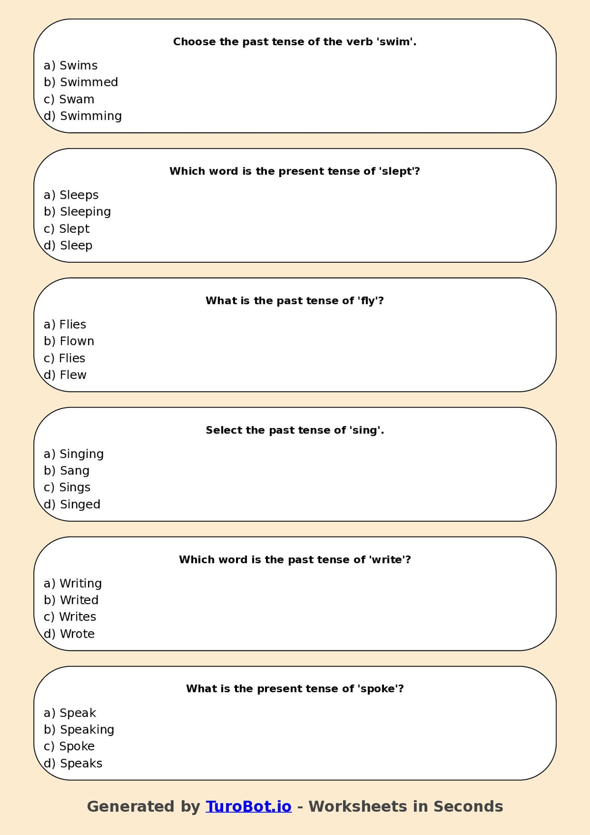 Year 4 English Multiple Choice Worksheet – Verbs in Present and Past Tense