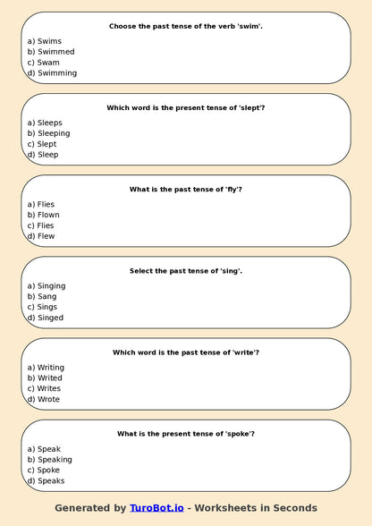 Year 4 English Multiple Choice Worksheet – Verbs in Present and Past Tense