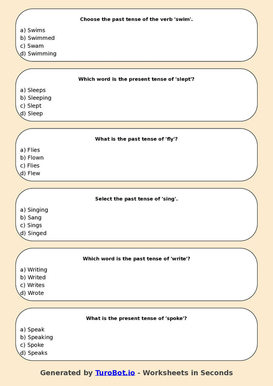 Year 4 English Multiple Choice Worksheet – Verbs in Present and Past Tense