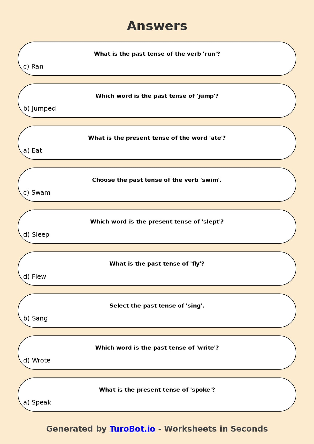 Year 4 English Multiple Choice Worksheet – Verbs in Present and Past Tense