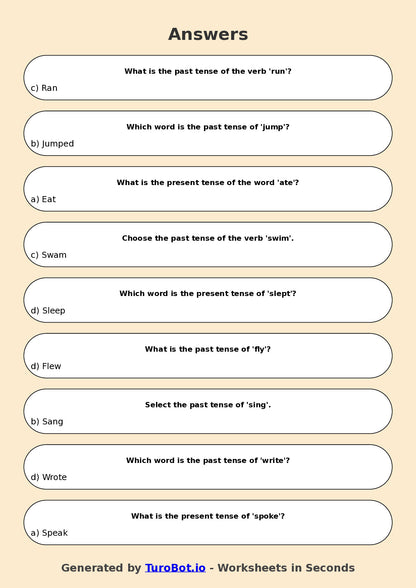 Year 4 English Multiple Choice Worksheet – Verbs in Present and Past Tense