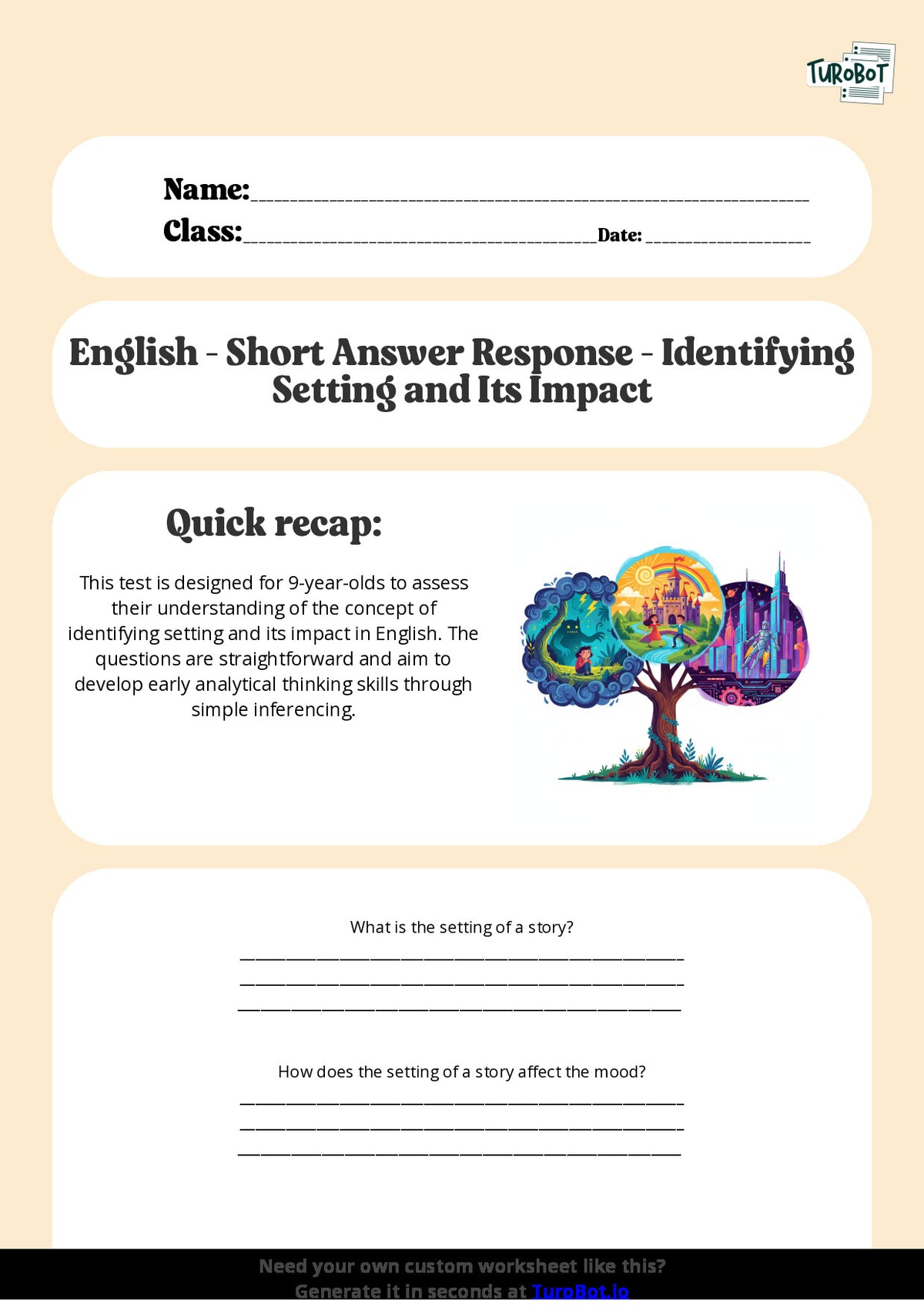 Free Worksheet - Year 4 English Identifying Setting and Its Impact Short Answer Response
