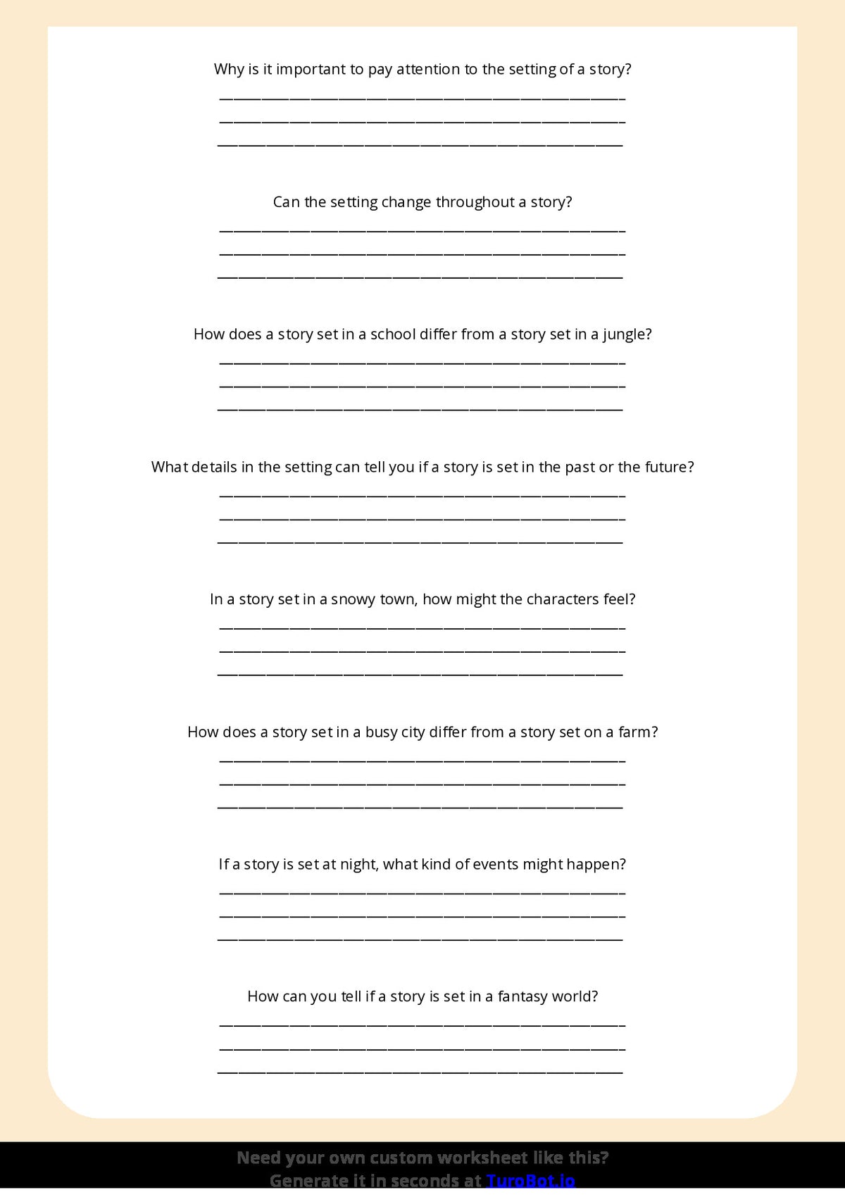 Free Worksheet - Year 4 English Identifying Setting and Its Impact Short Answer Response