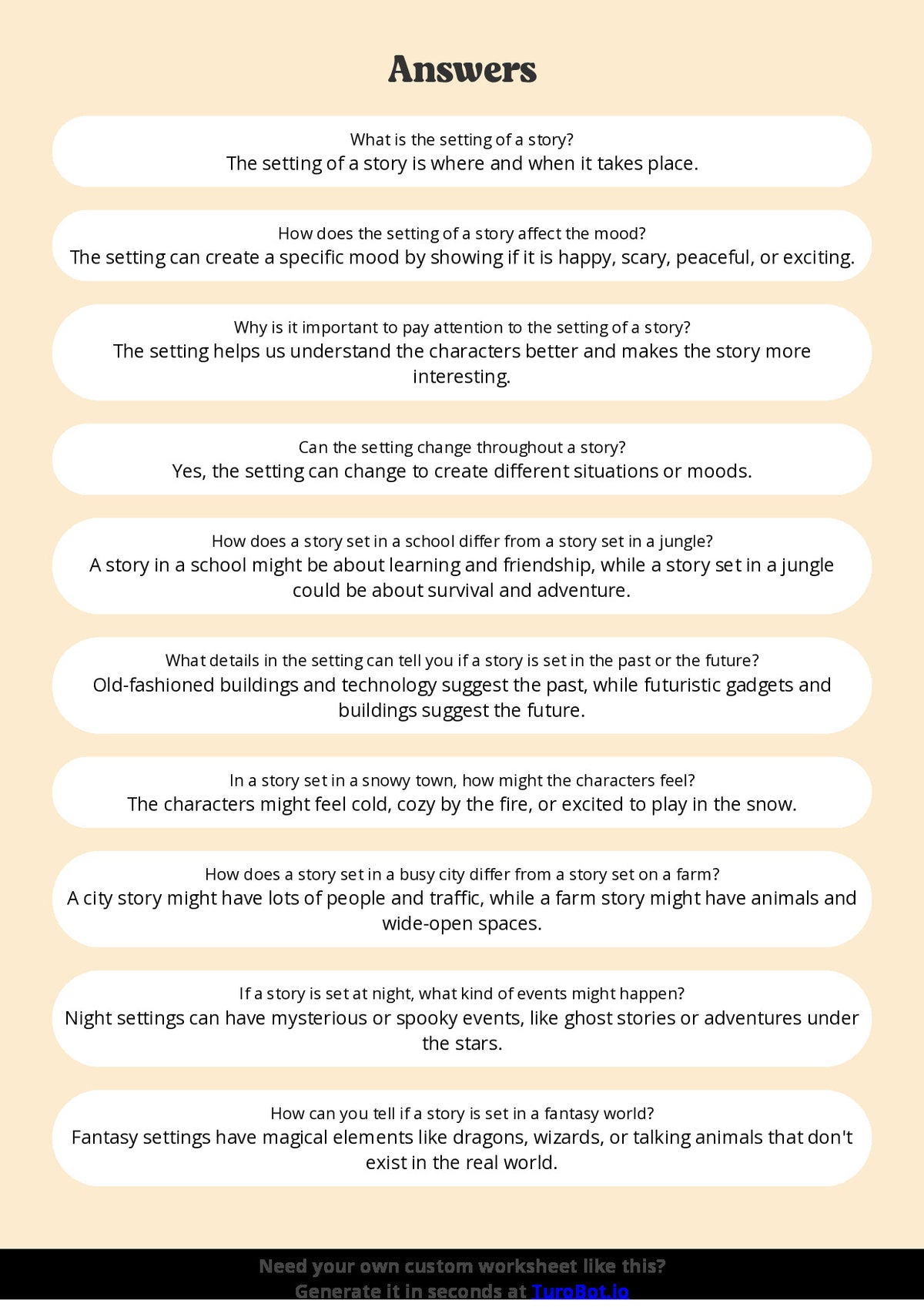 Free Worksheet - Year 4 English Identifying Setting and Its Impact Short Answer Response