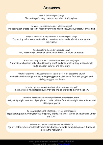 Free Worksheet - Year 4 English Identifying Setting and Its Impact Short Answer Response