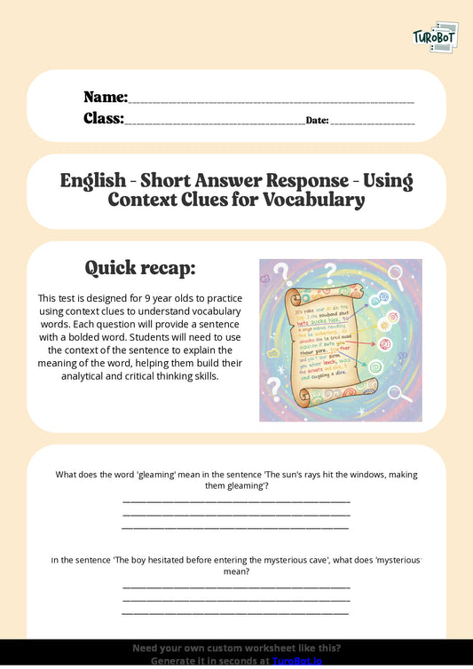 Free Worksheet - Year 4 English Using Context Clues for Vocabulary Short Answer Response