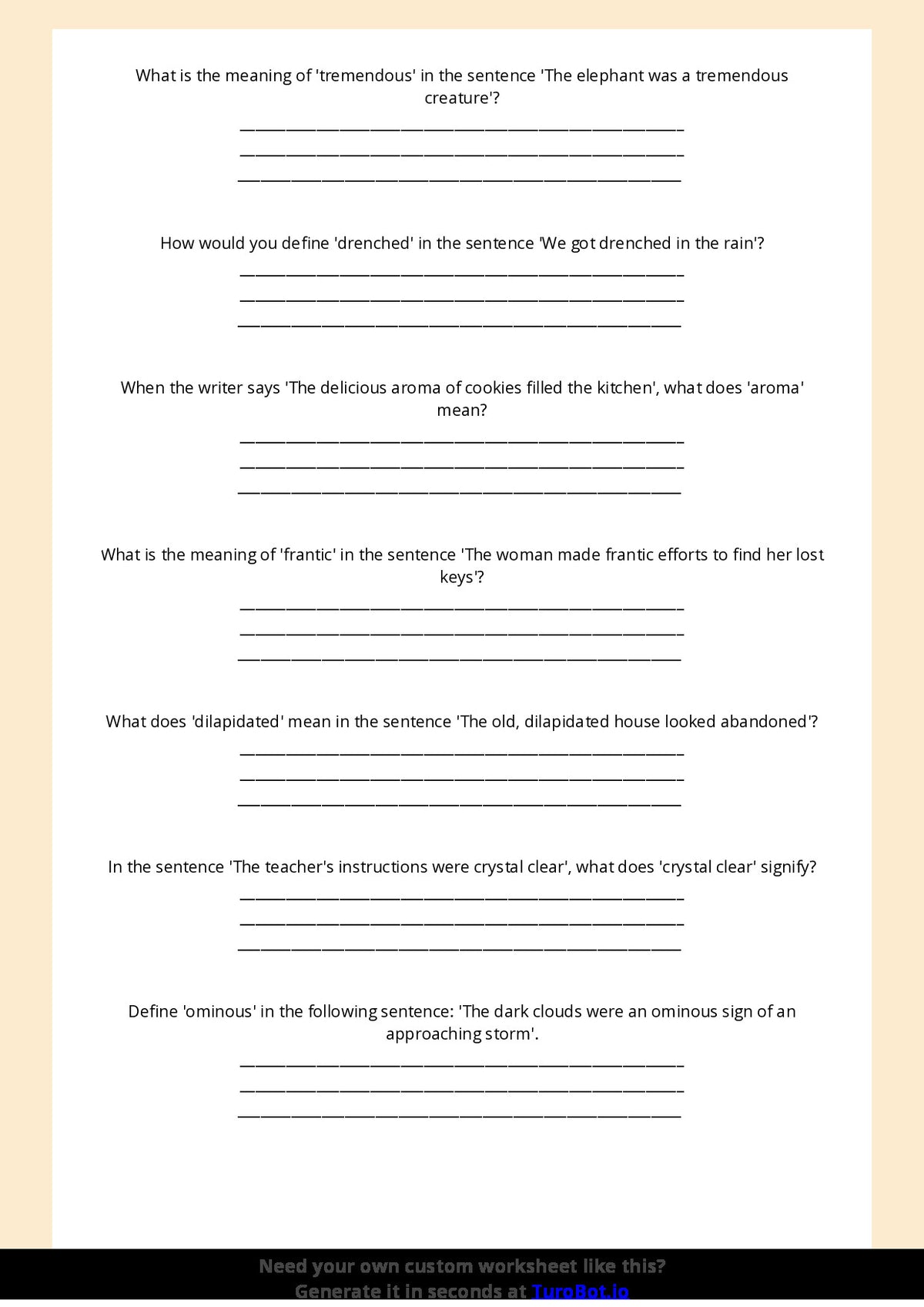 Free Worksheet - Year 4 English Using Context Clues for Vocabulary Short Answer Response