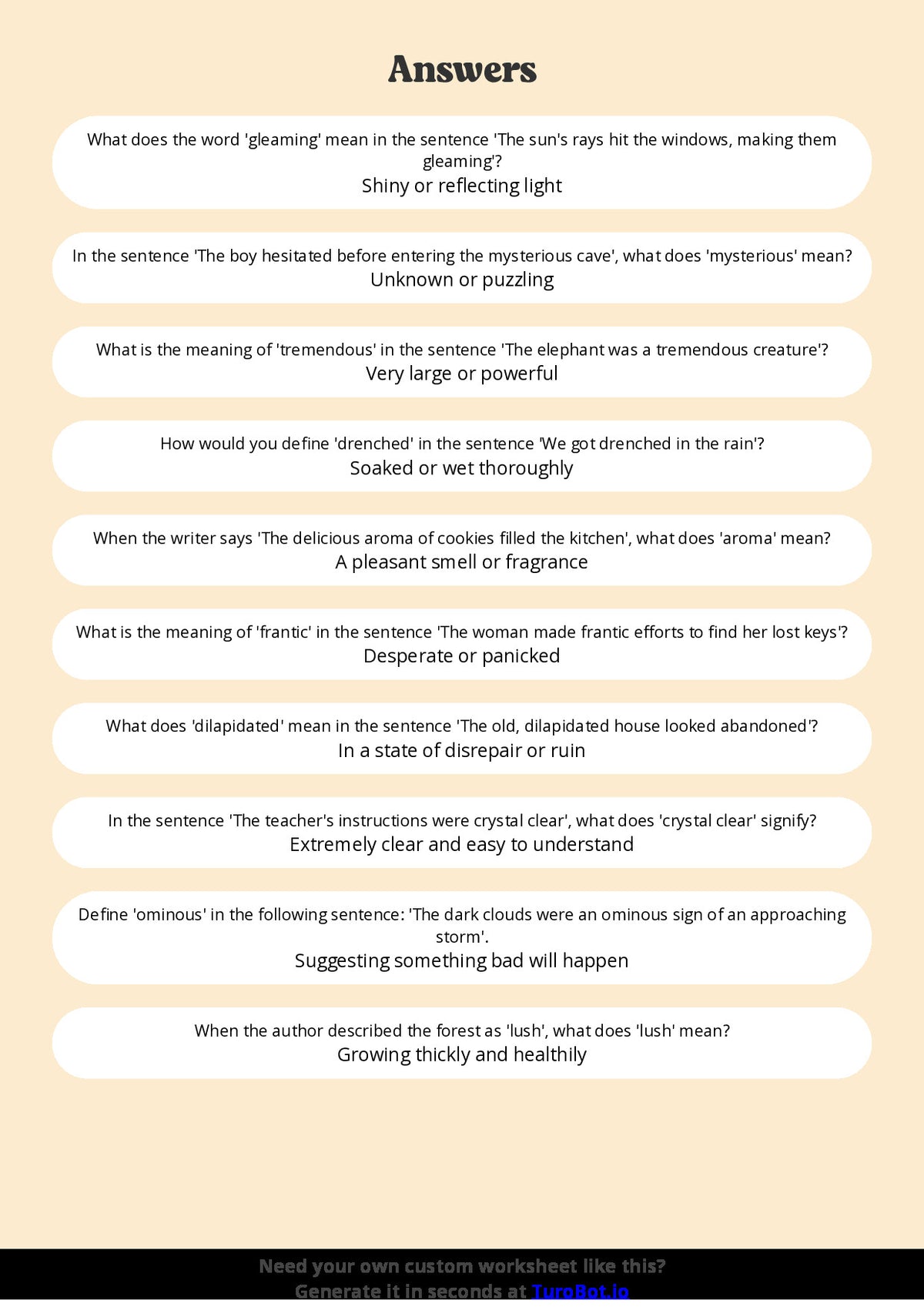 Free Worksheet - Year 4 English Using Context Clues for Vocabulary Short Answer Response