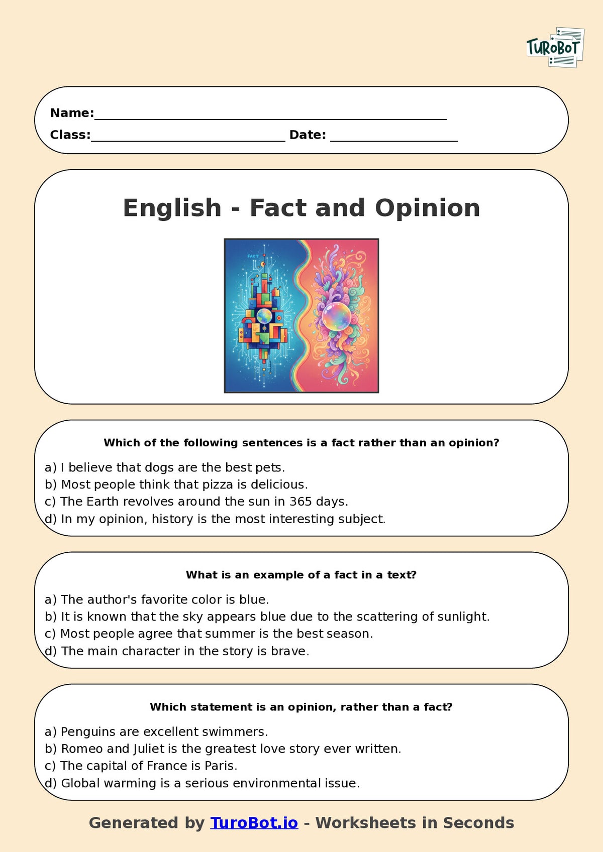 Year 5 English Multiple Choice Worksheet – Fact and Opinion in Texts