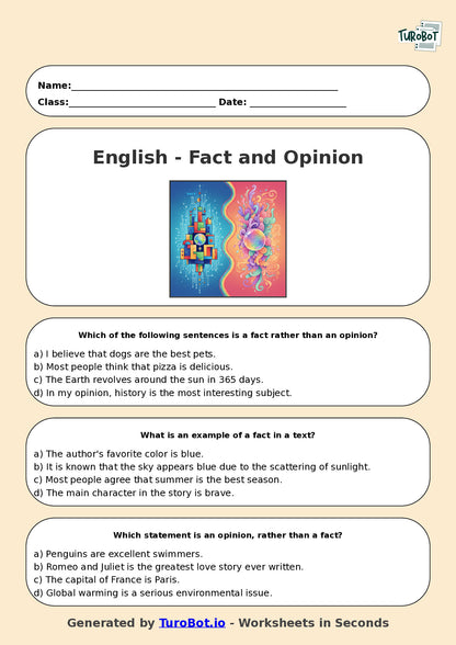Year 5 English Multiple Choice Worksheet – Fact and Opinion in Texts