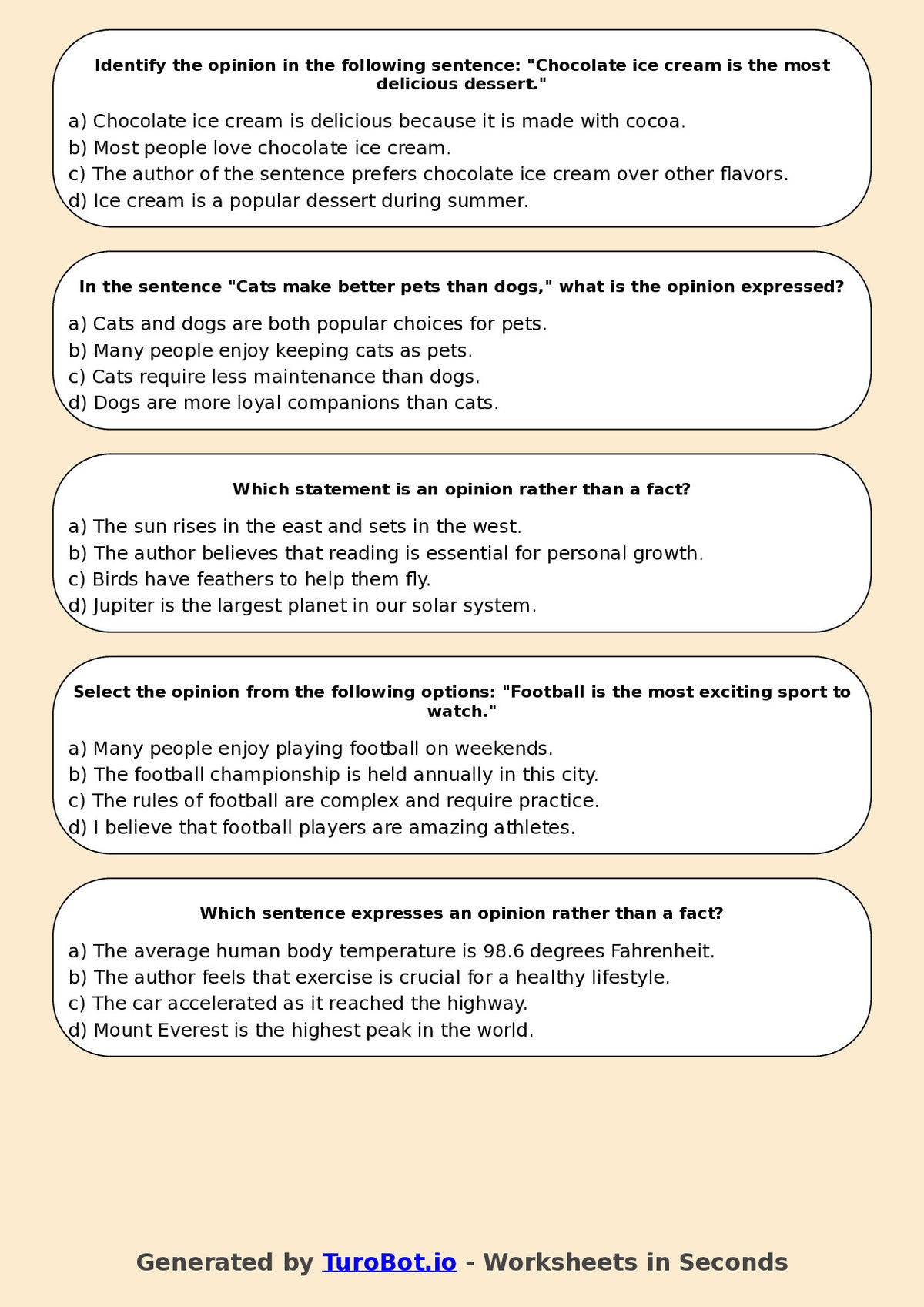 Year 5 English Multiple Choice Worksheet – Fact and Opinion in Texts