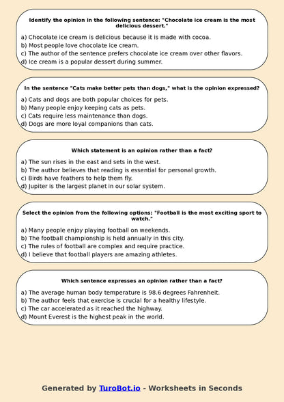 Year 5 English Multiple Choice Worksheet – Fact and Opinion in Texts