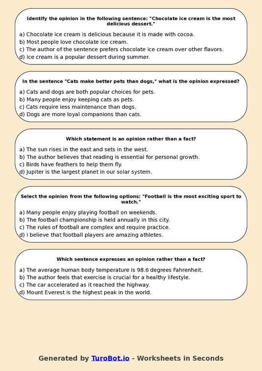 Year 5 English Multiple Choice Worksheet – Fact and Opinion in Texts