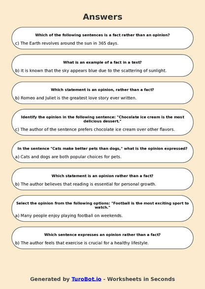 Year 5 English Multiple Choice Worksheet – Fact and Opinion in Texts