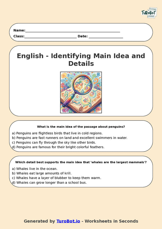 Year 5 English Multiple Choice Worksheet – Identifying Main Idea and Details