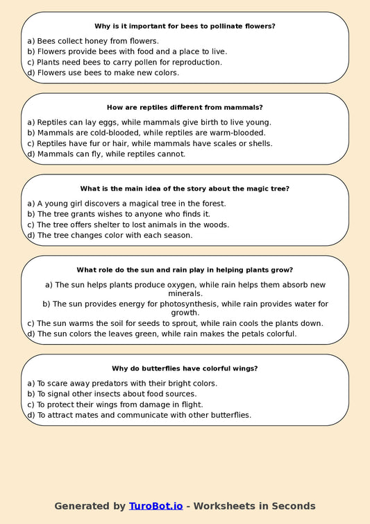 Year 5 English Multiple Choice Worksheet – Identifying Main Idea and Details